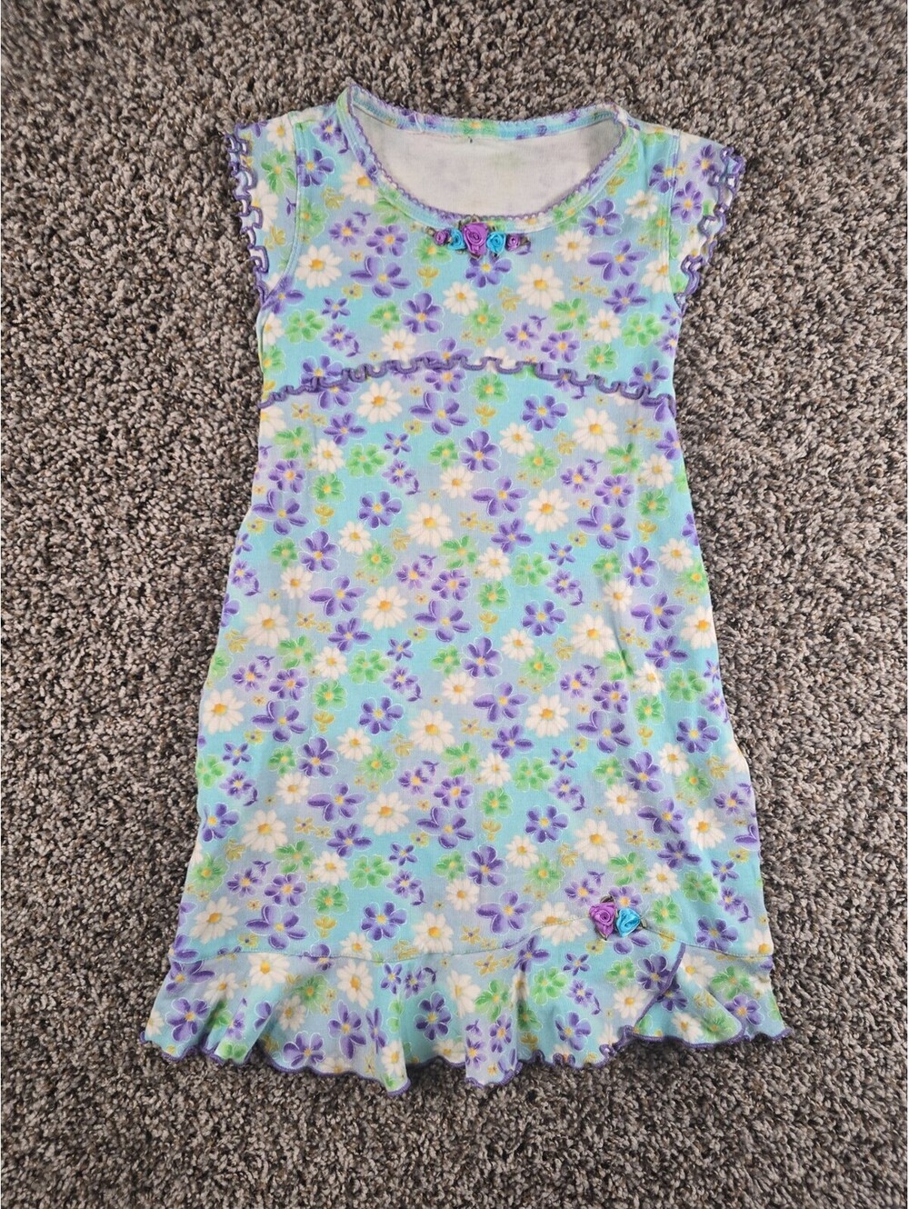 Vintage Y2K Girls Sz M Bright Floral Dress Purple Blue Empire Waist